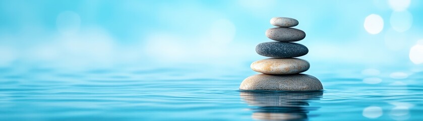 Balancing stones upon water, serenity, meditation and harmony in nature's embrace