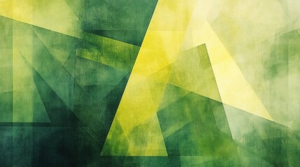 Abstract geometric shapes in shades of green and yellow, forming a layered design.