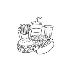 Black and white line art poster fast food soda burger fries hot dog. Coloring book page for adults and kids. Comfort unhealthy food vector illustration for gift card