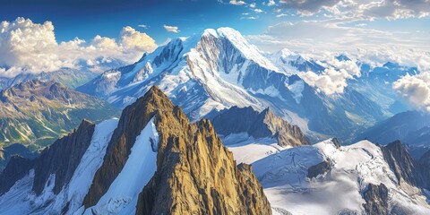 Majestic Mont Blanc peak rises prominently, showcasing breathtaking views, natural beauty, and the allure of adventure in the stunning landscape of the Alps, highlighting its grandeur and appeal.
