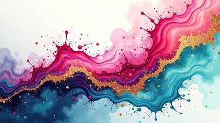 Abstract Swirling Hues of Pink, Teal, and Gold with Energetic Splashes of Color