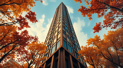 Low Angle View of City Skyscrapers with Blue Sky and Lens Flare in Modern Business Center, city skyline, blue sky background, skyscraper view, business buildings,  business cityscape, glass buildings