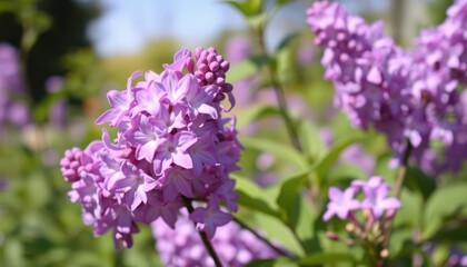 Naklejka premium purple flowers in a field with a blue sky in the background,