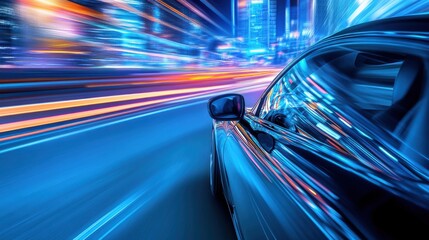 A dynamic futuristic car driving on a neon-lit highway through a modern city