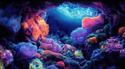 Naklejka premium Vibrant Underwater Coral Reef Ecosystem: A Symphony of Colors and Life in the Ocean Depths