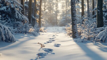 A Snow-Covered Forest with Animal Tracks in the Snow