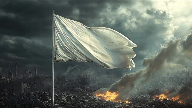 The white flag is a sign of surrender. The army surrenders with a white flag on the background of a destroyed city. Stop war and military attack