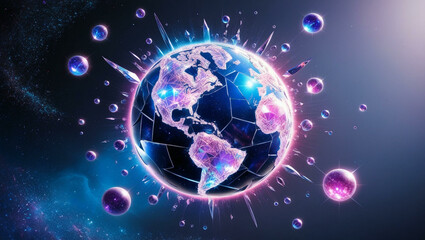 A shattered globe with glowing crystal continents floats in space amidst stars.