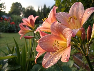 Obraz premium Freshly bloomed flowers with raindrops glistening on their petals