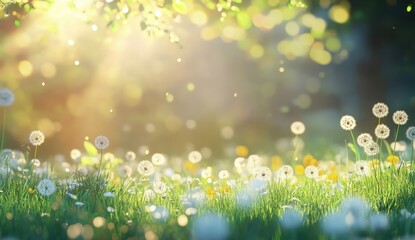 Obraz premium Beautiful Sunlit Meadow with Delicate Dandelions and Bokeh Effect in Soft Focus, Evoking a Peaceful and Serene Natural Atmosphere