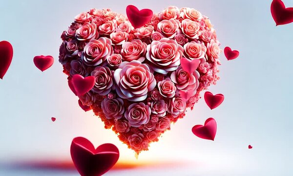 Herz in 3D aus rosa Rosen Bl&uuml;ten mit roten Herzen fr&ouml;hlich dynamisch schwebend Liebe liebvoll herzf&ouml;rmig Valentin Liebe Hochzeit Verlobung Freundschaft Zuneigung 
