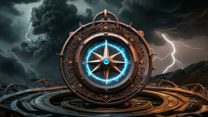 Fototapeta premium A steampunk-inspired compass with glowing runes glows vividly against rolling storm clouds.