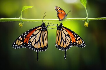 Fototapeta premium A pair of colorful butterflies perched on a leafy branch, with a natural background