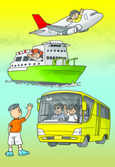 Cartoon means of transportation, ships, cars, airplanes, color illustrations