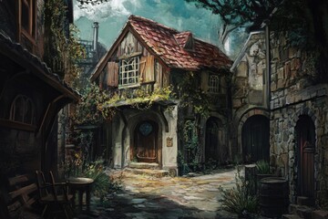 Fototapeta premium A single-family home standing alone on a city street