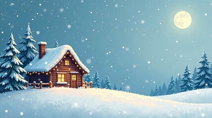 Fototapeta premium A Cozy Cabin Illuminated on a Snowy Hillside Under a Winter Moon