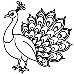 Cute Peacock Silhouette line art  black vector illustration