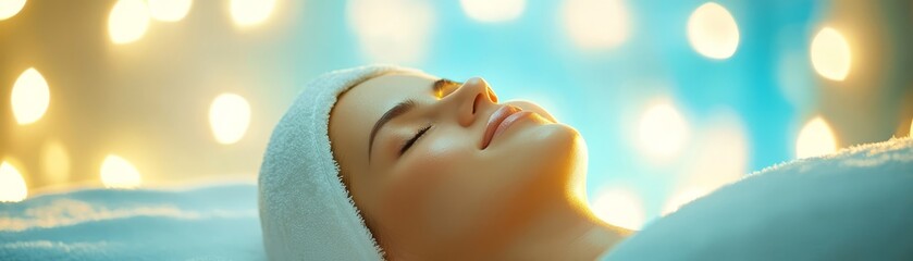 Naklejka premium Serene woman relaxes with towel on head, embracing wellness, beauty and selfcare