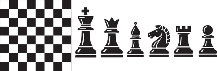 Vector illustration of chess pieces, including the King, Knight, Rook, and Pawns, arranged on a chessboard. Set against a white background