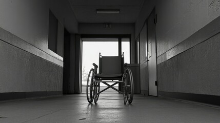 Empty Wheelchair in a Dimly Lit Hospital Corridor Evoking Themes of Loneliness, Care, and Reflection in a Cinematic Black and White Setting