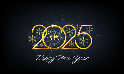 Happy New Year 2025. Golden metal number on dark background. Festive realistic decoration. Web Poster, banner, cover card, brochure, flyer, layout. Vector 3d illustration