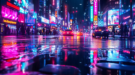 Futuristic Neon-Lit City Street at Night