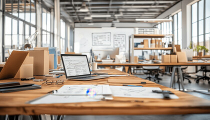 Fototapeta premium Innovative workspace with shared desks, laptops, and creative atmosphere