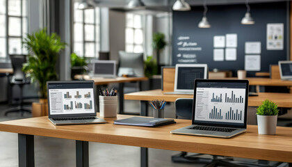 Innovative workspace with shared desks, laptops, and modern decor