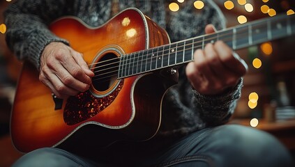 Fototapeta premium Close-Up of Hands Playing an Acoustic Guitar with Warm Lighting