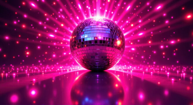 disco ball with bright Crimson rays of light in all directions creating a dazzling light pattern
