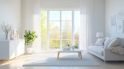 Fototapeta premium Modern minimalist living room with large windows and natural light