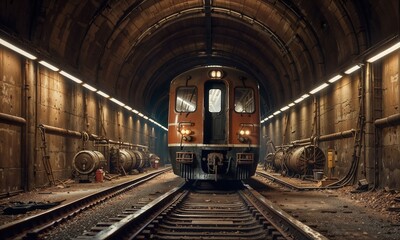 Obraz premium train resting inside an old, dimly lit underground tunnel, symbolizing industrial decay, history, and a hidden world beneath the surface