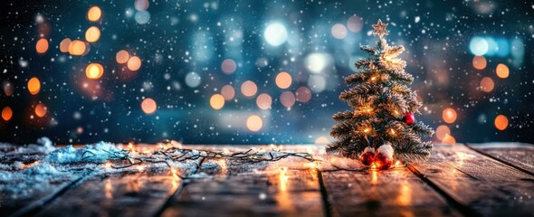 Captivating Christmas Tree Decorated with Lights and Ornaments Set Against a Magical Winter Wonderland Background with Soft Snowfall and Bokeh Effects