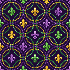 Geometric beaded pattern with fleur de lis symbol in center of grid cells. Overlapping interlaced intersecting circular grid, ornament. Decoration for Mardi Gras carnival. Vintage style illustration © OA_Creation
