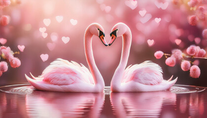 Naklejka premium Two pink swans form a heart shape with their necks on lake surface against a romantic background filled with bokeh heart lights.