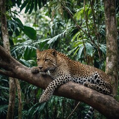 Obraz premium A leopard lounging on a tree branch in a tropical rainforest.