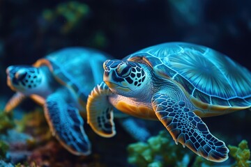 Fototapeta premium A pair of sea turtles gliding through the water, side by side