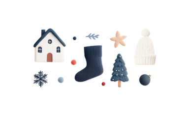 Set of 3d winter stuff on transparent background, bird, skates, Christmas tree branch, gifts, candles and decorations, house in red and blue colors. Clipart png for Christmas and New Y