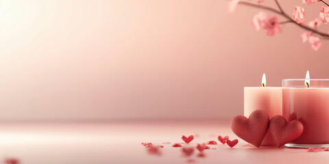Romantic candles and heart decorations create cozy atmosphere
