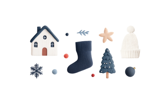Set of 3d winter stuff on transparent background, bird, skates, Christmas tree branch, gifts, candles and decorations, house in red and blue colors. Clipart png for Christmas and New Y