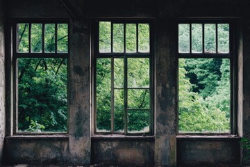 Fototapeta premium A cozy room with two windows offering a peaceful view of the forest