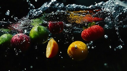 Fruits splashing dynamically in water wide shot photo. AI Generated