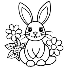 Easter Bunny with Flowers and Egg - Black and White Festive Illustration