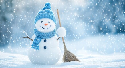 Cheerful Snowman with Blue Hat and Scarf Standing in Snowy Landscape During a Winter Snowfall, Bringing Joy and Festive Spirit to the Holiday Season