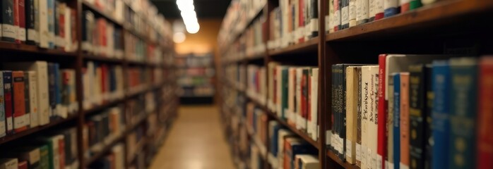 blurred shelves filled with old books, set in soft diffused lighting of library or bookstore. reading, literature, education and knowledge.
