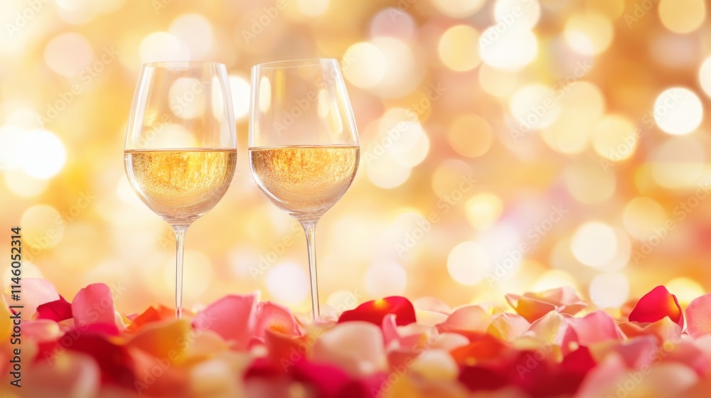 Poster two elegant glasses of sparkling wine sit amidst a vibrant display of flower petals, creating a roma