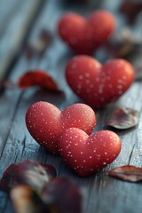 Obraz premium A pair of bright red hearts resting on a wooden surface