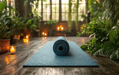 Yoga Mat, Turquoise, Hardwood Floor, Potted Plants, Indoor Setting, Relaxation Space