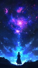 Naklejka premium Starry Night Reverie: A girl gazes at a vibrant cosmic spectacle, a mesmerizing display of celestial beauty, cosmic energy, and ethereal wonder illuminating the night.
