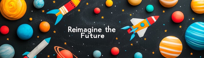 Naklejka premium A colorful cosmic scene featuring rockets, planets, and the phrase 